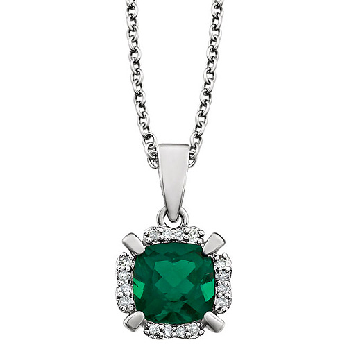 14kt White Gold 9/10 ct Cushion Cut Emerald & Diamond Halo Necklace