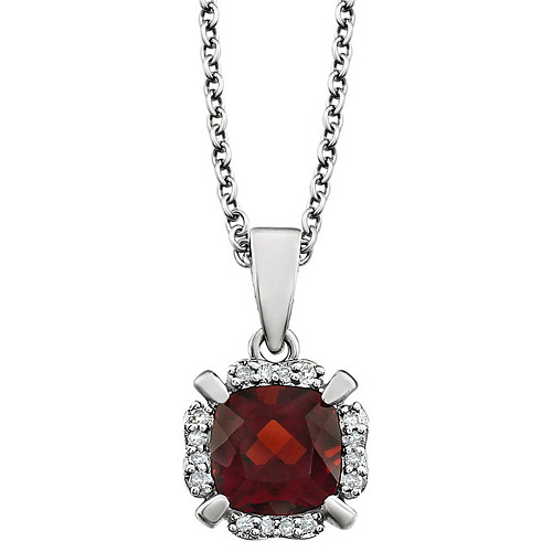14kt White Gold 1.1 ct Cushion Cut Garnet & Diamond Halo Necklace
