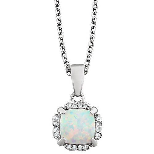 14kt White Gold 4/5 ct Cushion Cut Created Opal & Diamond Necklace