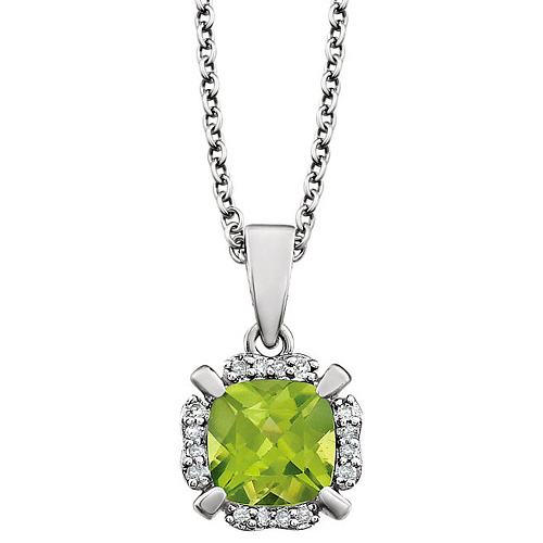 14kt White Gold 1 ct Cushion Cut Peridot & Diamond Halo Necklace