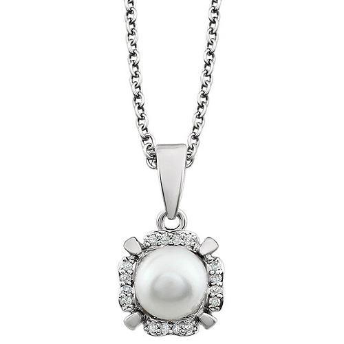 14kt White Gold 7mm Freshwater Cultured Pearl & Diamond Halo Necklace
