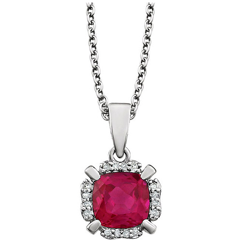 14kt White Gold 1.3 ct Cushion Cut Created Ruby & Diamond Necklace