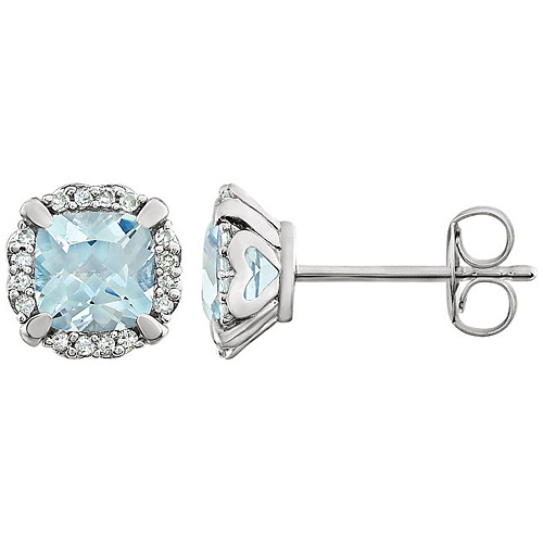 14kt White Gold 3/5 ct Cushion Cut Aquamarine & Diamond Halo Earrings