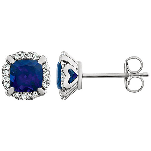 14k White Gold 4/5 ct Cushion Cut Created Blue Sapphire & Diamond Halo Earrings