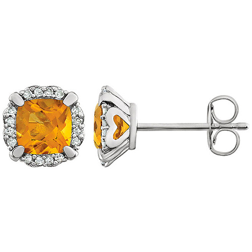 14kt White Gold 3/5 ct Cushion Cut Citrine & Diamond Halo Earrings