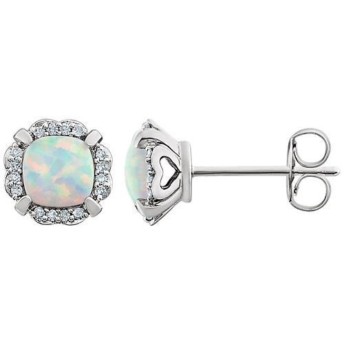 14kt White Gold 2/3 ct Cushion Cut Crated Opal & Diamond Halo Earrings
