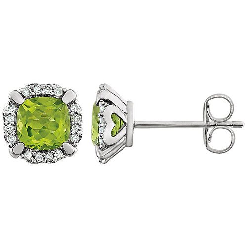 14kt White Gold 2/3 ct Cushion Cut Peridot & Diamond Halo Earrings