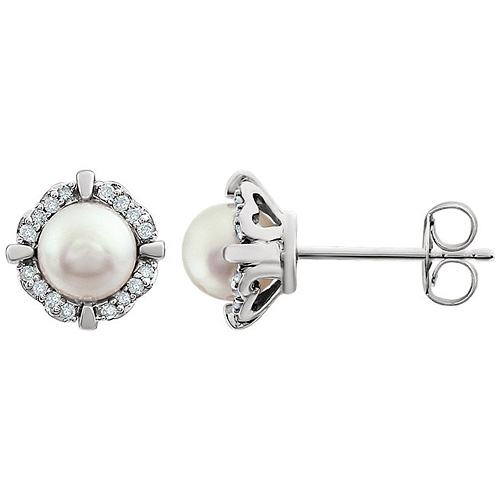 14kt White Gold 5mm Freshwater Cultured Pearl & Diamond Halo Earrings