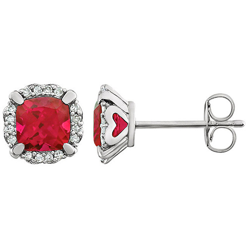 14k White Gold 4/5 ct Cushion Cut Created Ruby & Diamond Halo Earrings