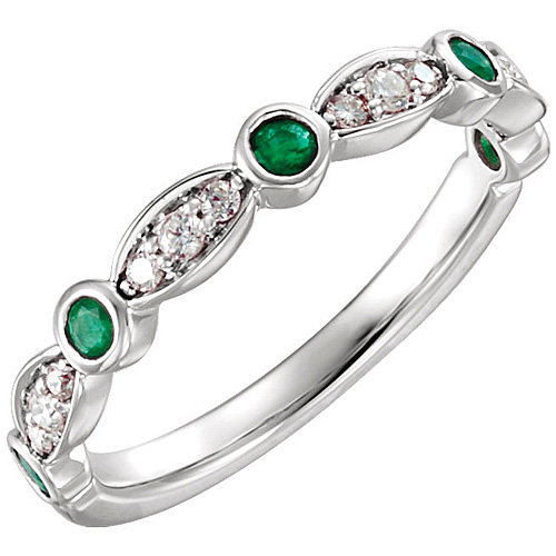 14kt White Gold Emerald and 1/6 ct Diamond Stackable Ring