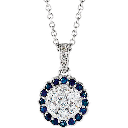 14k White Gold 1/3 ct Diamond and Blue Sapphire Halo Cluster Necklace
