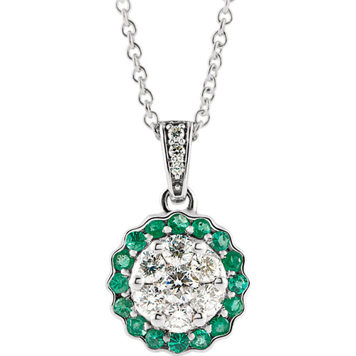 14k White Gold 1/3 ct Diamond and Emerald Halo Cluster Necklace