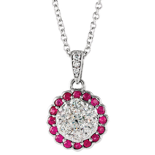 14k White Gold 1/3 ct Diamond and Ruby Halo Cluster Necklace