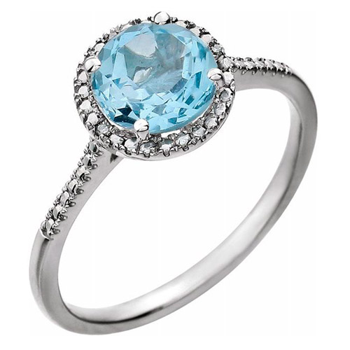 Sterling Silver 7mm Sky Blue Topaz and Diamond Halo Ring