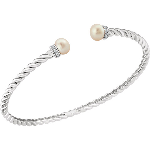 14k White Gold White Freshwater Cultured Pearl Diamond Bangle Bracelet