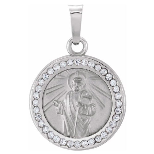 14k White Gold Small St. Jude Medal with Created White Sapphires