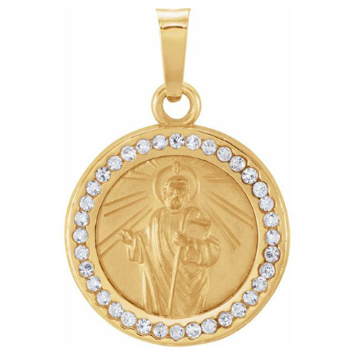 14k Yellow Gold Small St. Jude Medal with Created White Sapphires
