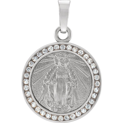 14kt White Gold 1/2in Miraculous Medal with Created White Sapphires