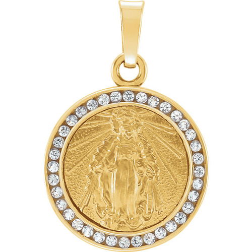 14kt Yellow Gold 1/2in Miraculous Medal with Created White Sapphires