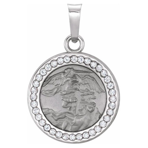 14k White Gold Small St. Michael Medal with Created White Sapphires