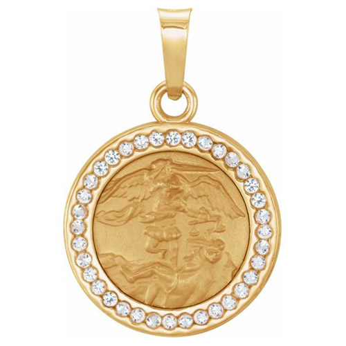 14k Yellow Gold Small St. Michael Medal with Created White Sapphires