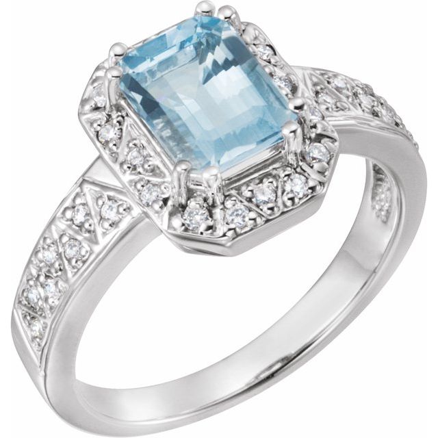 14kt White Gold 1.4 ct Emerald-cut Aquamarine and 1/6 ct Diamond Ring