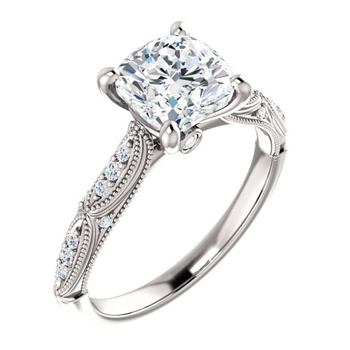 1.6 ct Cushion Forever One Moissanite Beaded Ring with Diamonds