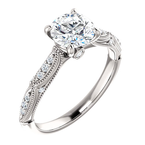 14k White Gold 1 ct Forever One Moissanite Beaded Ring with Diamonds