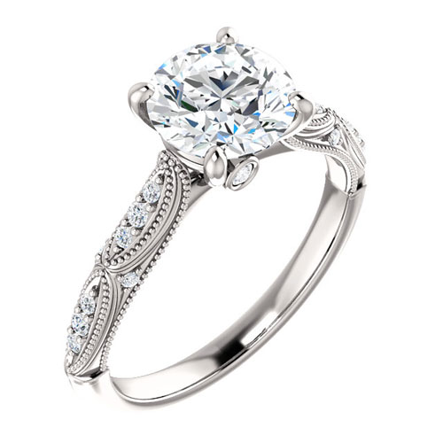 14k White Gold 1.5 ct Forever One Moissanite Beaded Ring with Diamonds