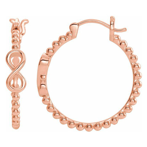 14k Rose Gold Infinity Symbol Beaded Round Hoop Earrings 7/8in
