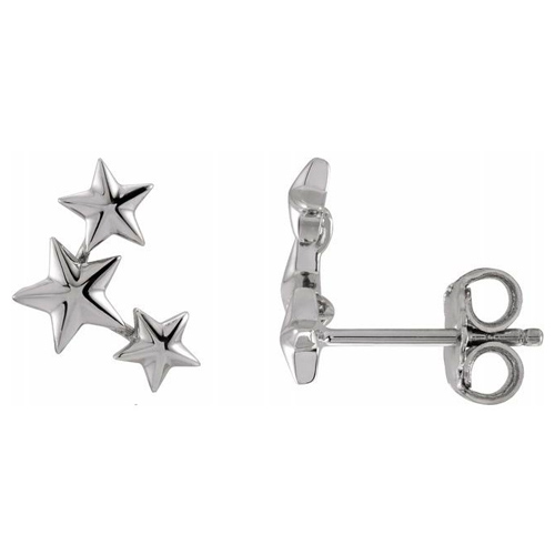 14k White Gold Three Stars Ear Climbers