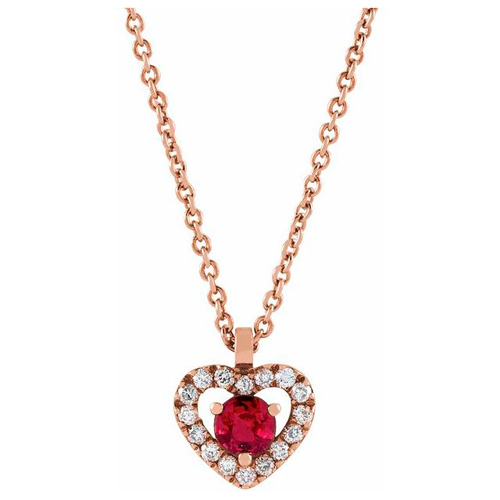 14k Rose Gold 1/6 ct tw Ruby Heart Necklace with Diamonds JJ653642R