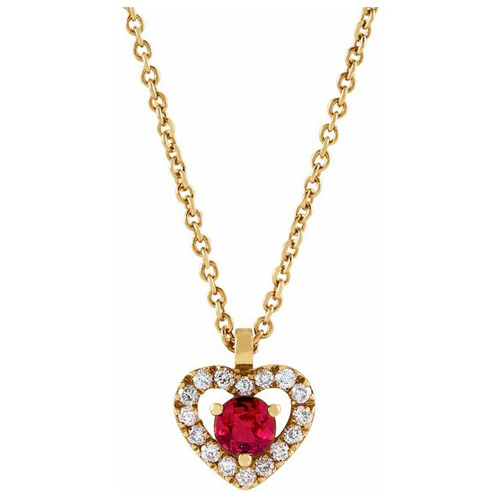 14k Yellow Gold 1/6 ct tw Ruby Heart Necklace with Diamonds