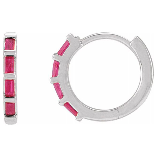14k White Gold Ruby Baguette Huggie Hoop Earrings