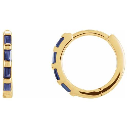 14k Yellow Gold Blue Sapphire Baguette Huggie Hoop Earrings