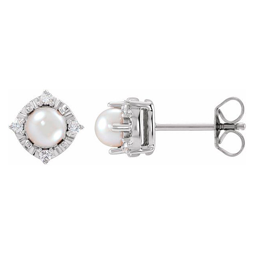 Sterling Silver 4.5mm Freshwater Cultured Pearl Diamond Halo Earrings