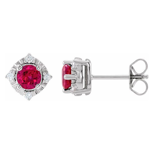 Sterling Silver 1 ct Created Ruby Halo Earrings with Diamond Accents