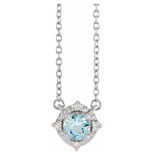 Sterling Silver .45 ct Aquamarine Halo Necklace with Diamond Accents