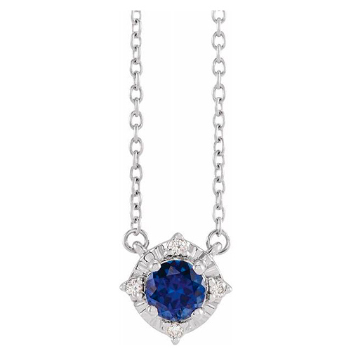 Sterling Silver .50 ct Created Blue Sapphire Halo Diamond Necklace