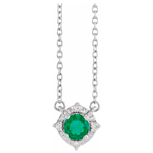 Sterling Silver .50 ct Created Emerald Halo Necklace with Diamonds