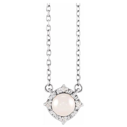 Sterling Silver 4.5mm Freshwater Cultured Pearl Diamond Halo Necklace