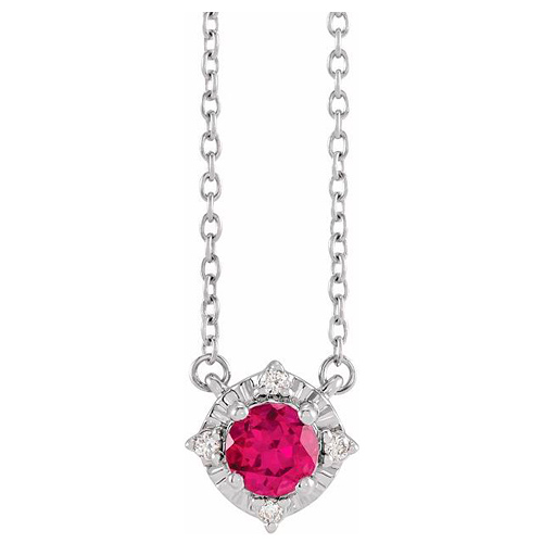 Sterling Silver .50 ct Created Ruby Halo Necklace with Diamond Accents