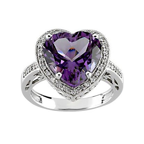 14k White Gold 5.2 ct Heart Amethyst Ring with Diamonds