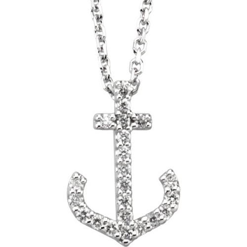 14k White Gold 1/6 ct Diamond Anchor 16in Necklace