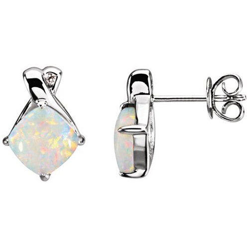14k White Gold 1.8 ct Cushion Opal Earrings with Diamond Accents