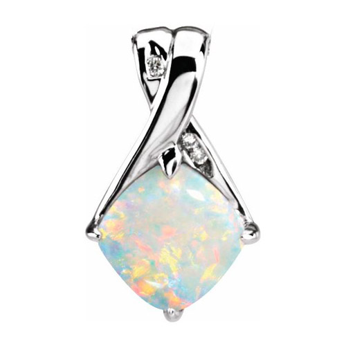 14k White Gold 8mm Cushion Cabochon Opal and Diamond Pendant