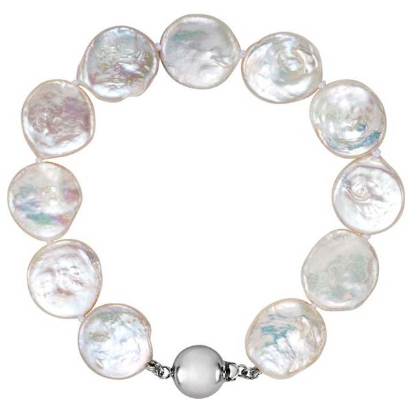 Sterling Silver Freshwater Cultured Coin Pearl Bracelet 7.75in