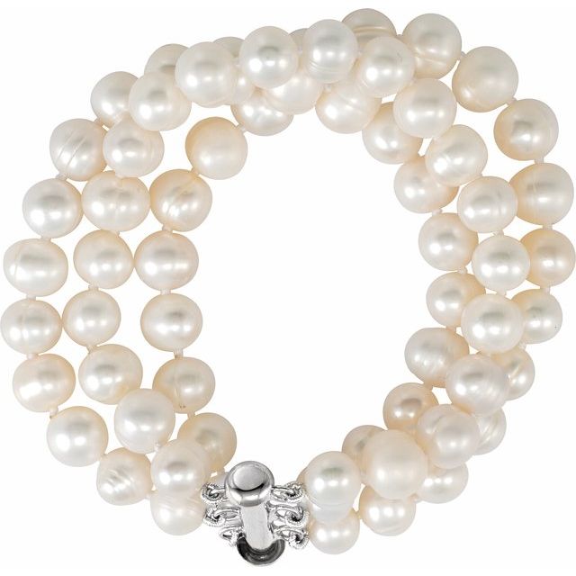 Sterling Silver 9mm Freshwater Cultured Pearl Triple Strand Bracelet