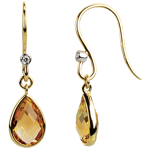 14kt Yellow Gold 2.4 ct Pear Citrine and Diamond Earrings