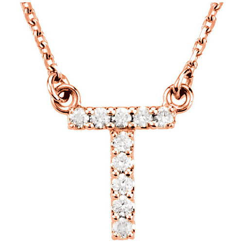 14kt Rose Gold Letter T 1/10 ct Diamond 16in Necklace